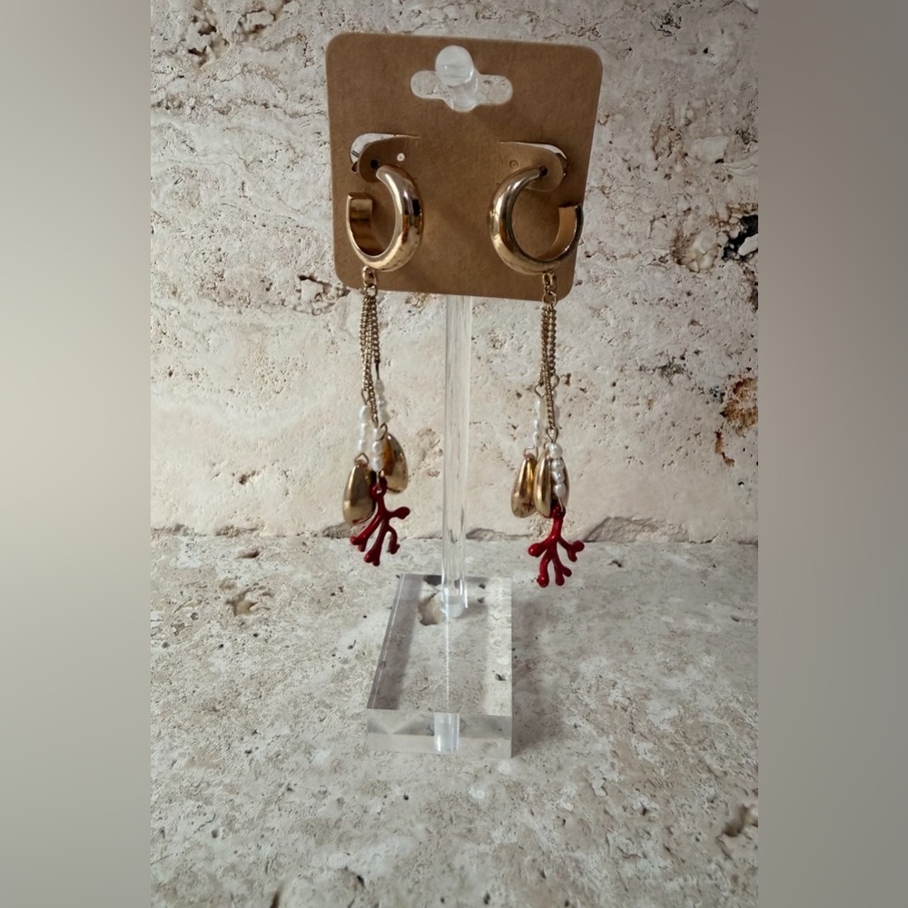 | Gold Tone Coastal Statement Earrings | Red Coral, Pearls & Seashell Details
